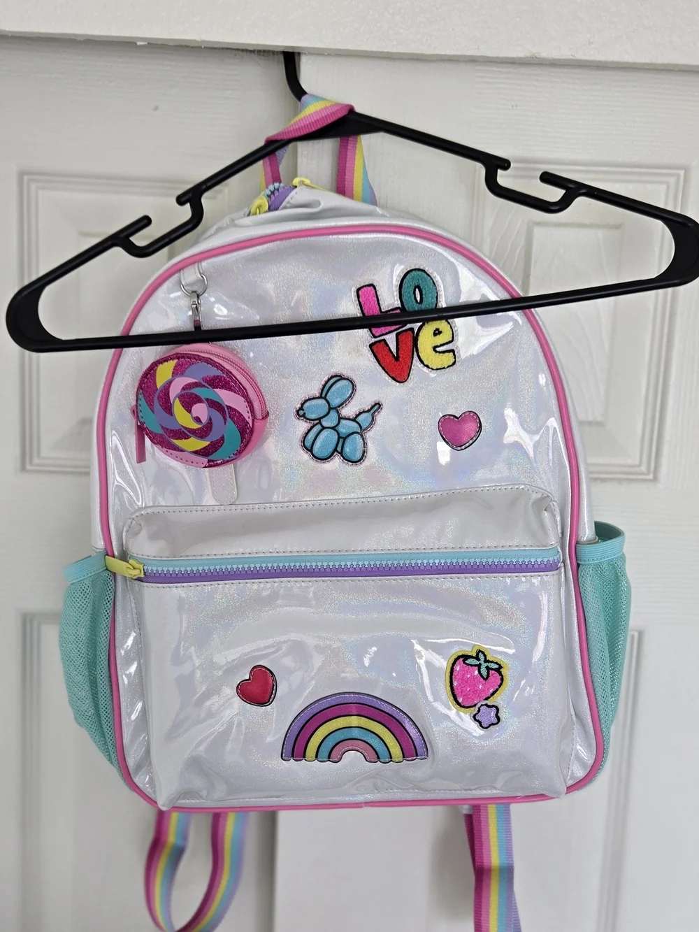 Iridescent Kids Backpack with Rainbow Patches - Pink, Teal, White